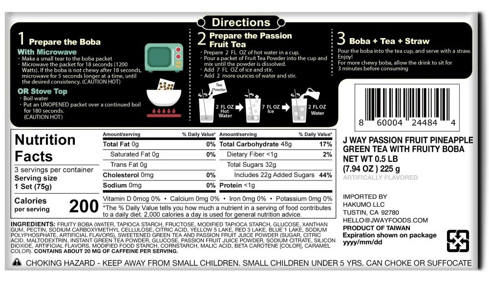 J Way Instant Bubble Pearl Boba Fruity Passion Fruit Green Tea Kit, 3 Servings