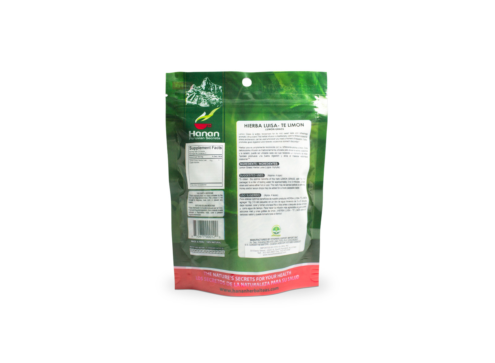 Hanan Peruvian Secrets Hierba Luisa Te Limon | 100% Natural Lemon Grass | 1.76oz