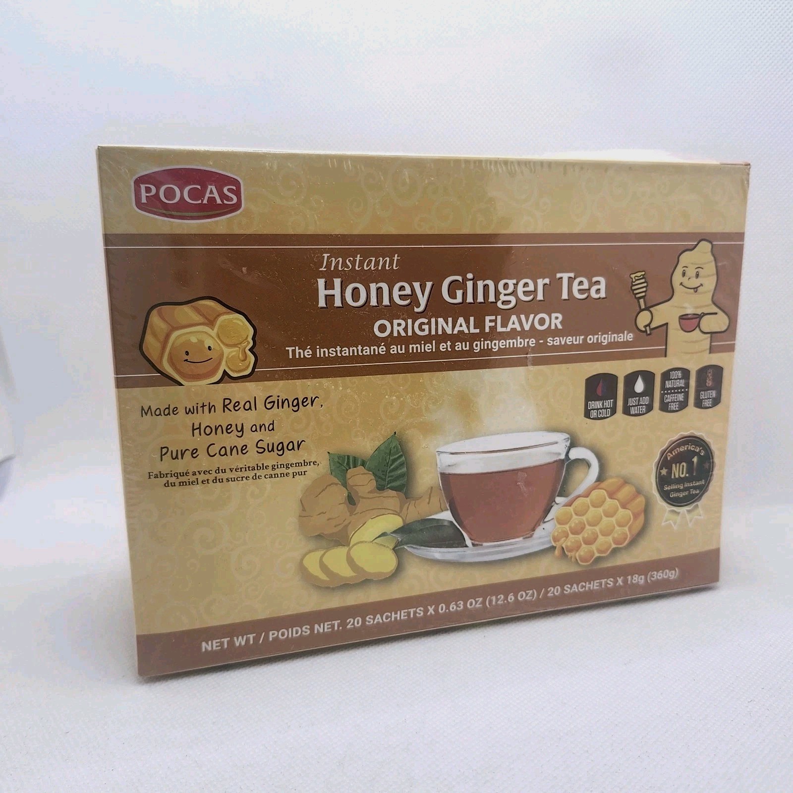 Pocas Honey Ginger Tea Original Flavor Instant No GMO Gluten Caffeine Free 20 Ct