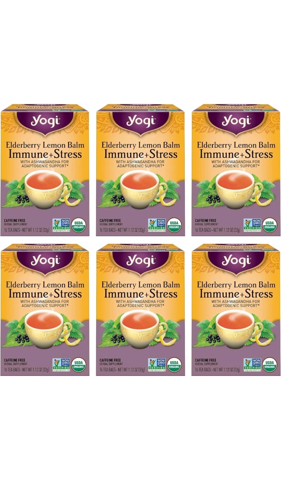Lot of (10 Boxes) Yogi Elderberry Lemon Balm Immune-Stress Tea Bags; 16/Box; New