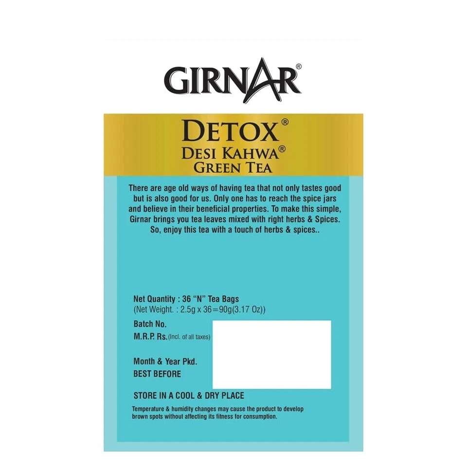 Girnar Food & Beverages Pvt. Ltd. Detox Green Tea – Desi Kahwa (36 Tea Bags) 90g