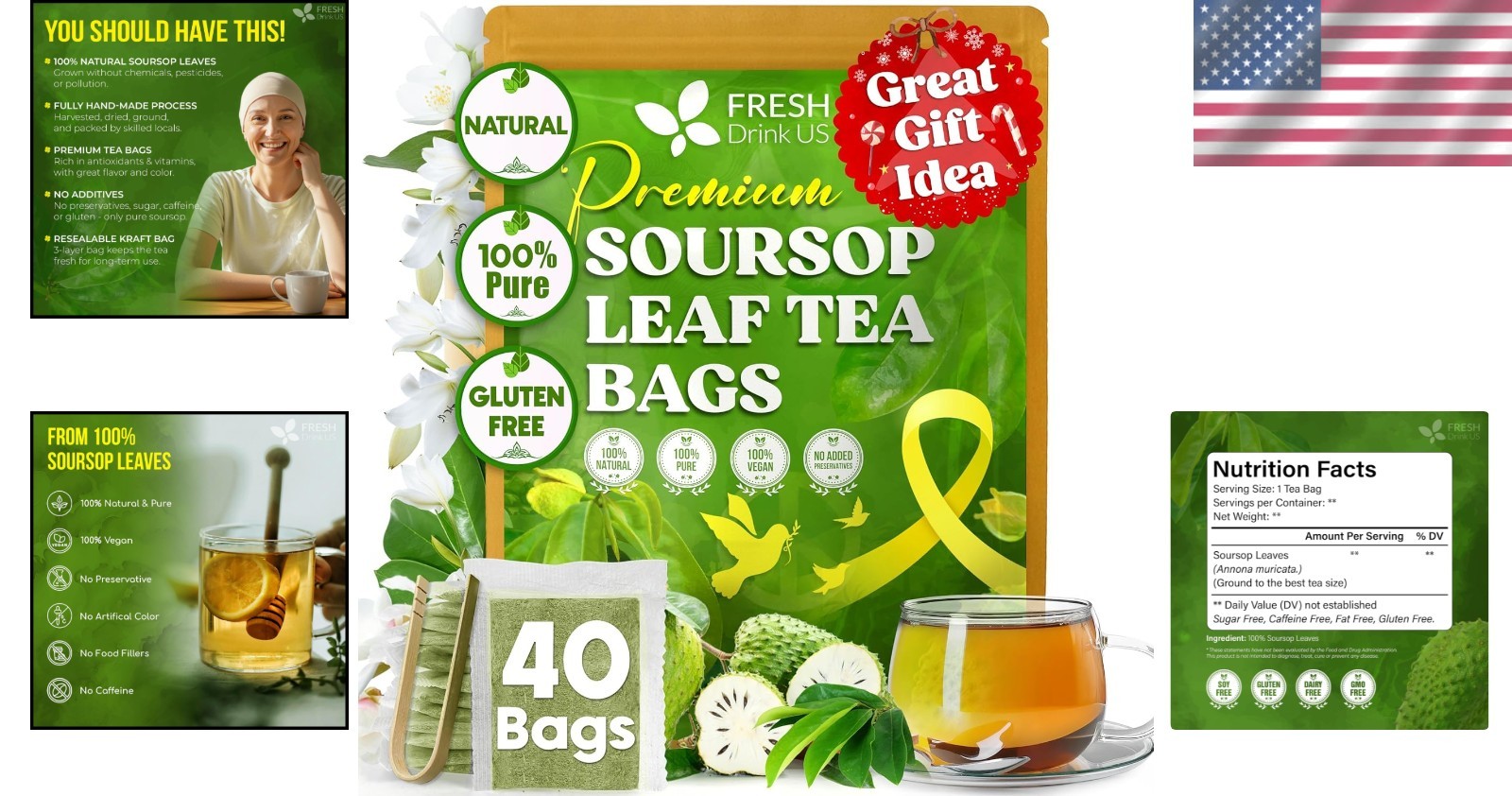 Soursop Leaf Tea Bags – 100% Natural, Handmade, & Gluten-Free (40 Count)