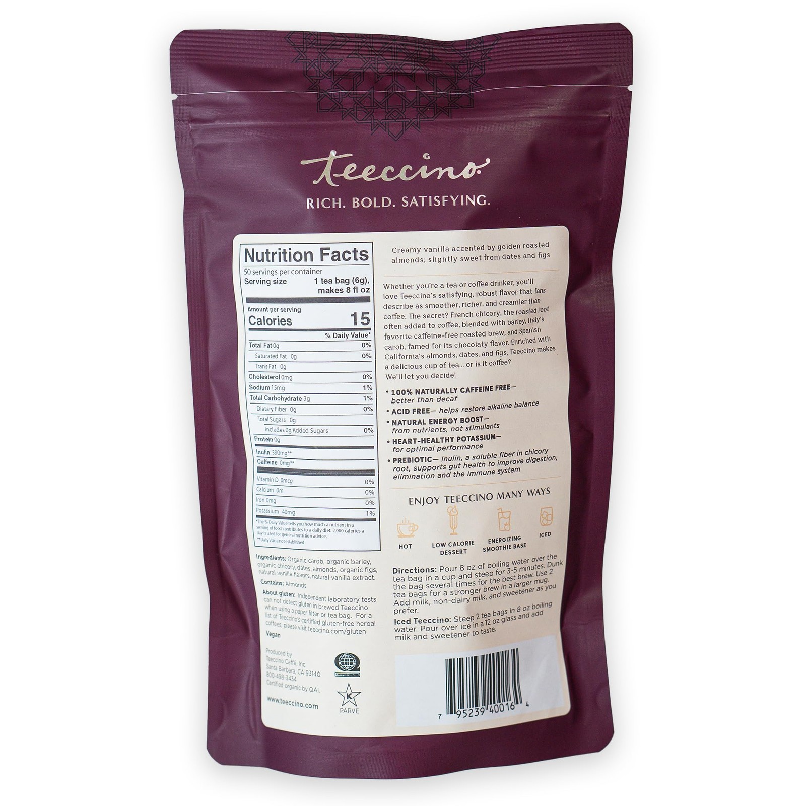 Teeccino Vanilla Nut Herbal Tea, 50 Tagless Eco-Friendly Tea Bags – 50 Count