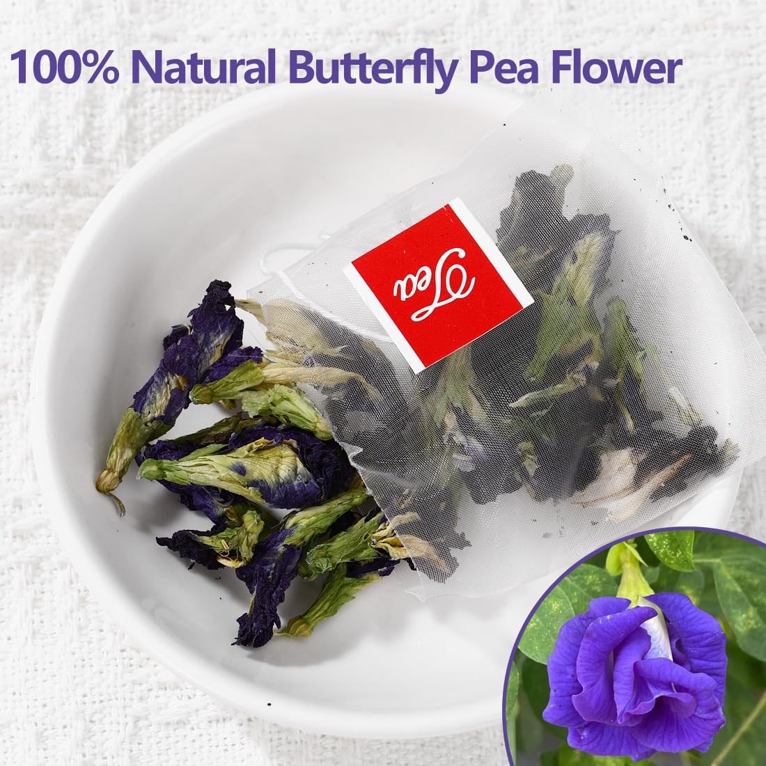 Premium Butterfly Pea Flower Tea Bags – 100 Natural, Caffeine-Free, 50 Count