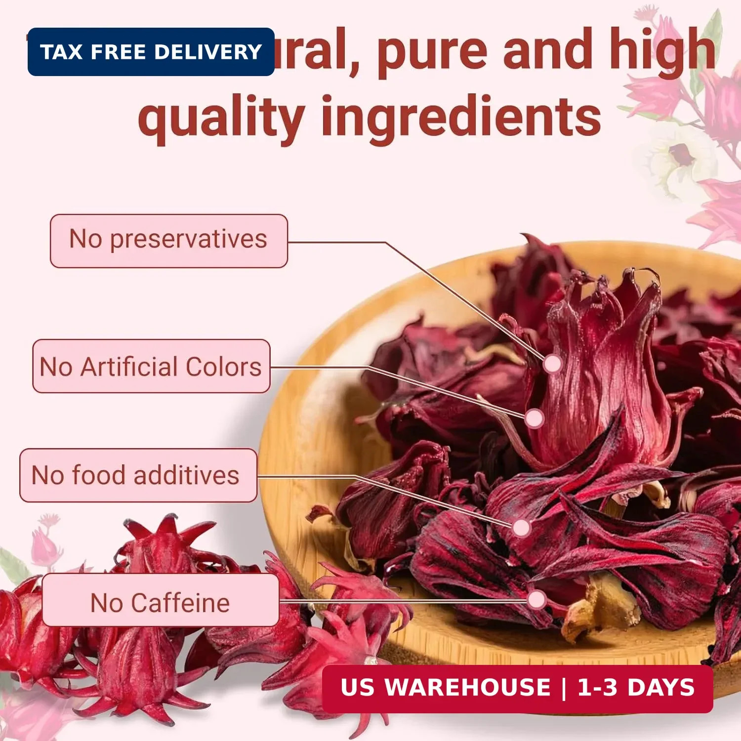 Hibiscus Tea Bags, 100% Natural Hibiscus Flowers Herbal High Blood Pressure Tea