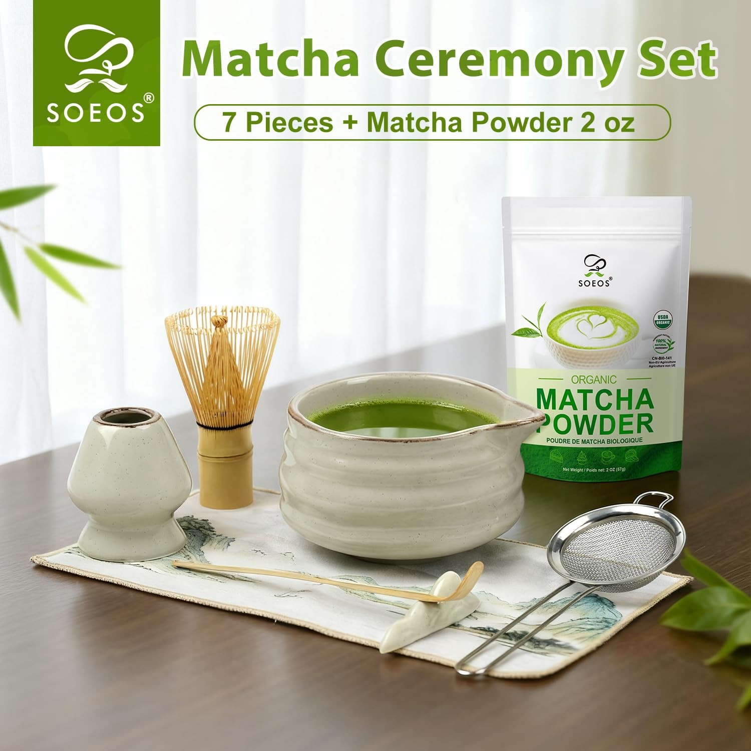 Soeos Matcha Powder, 2oz with 7-Piece 2 Ounce and 7 Piece Set, Multicolor