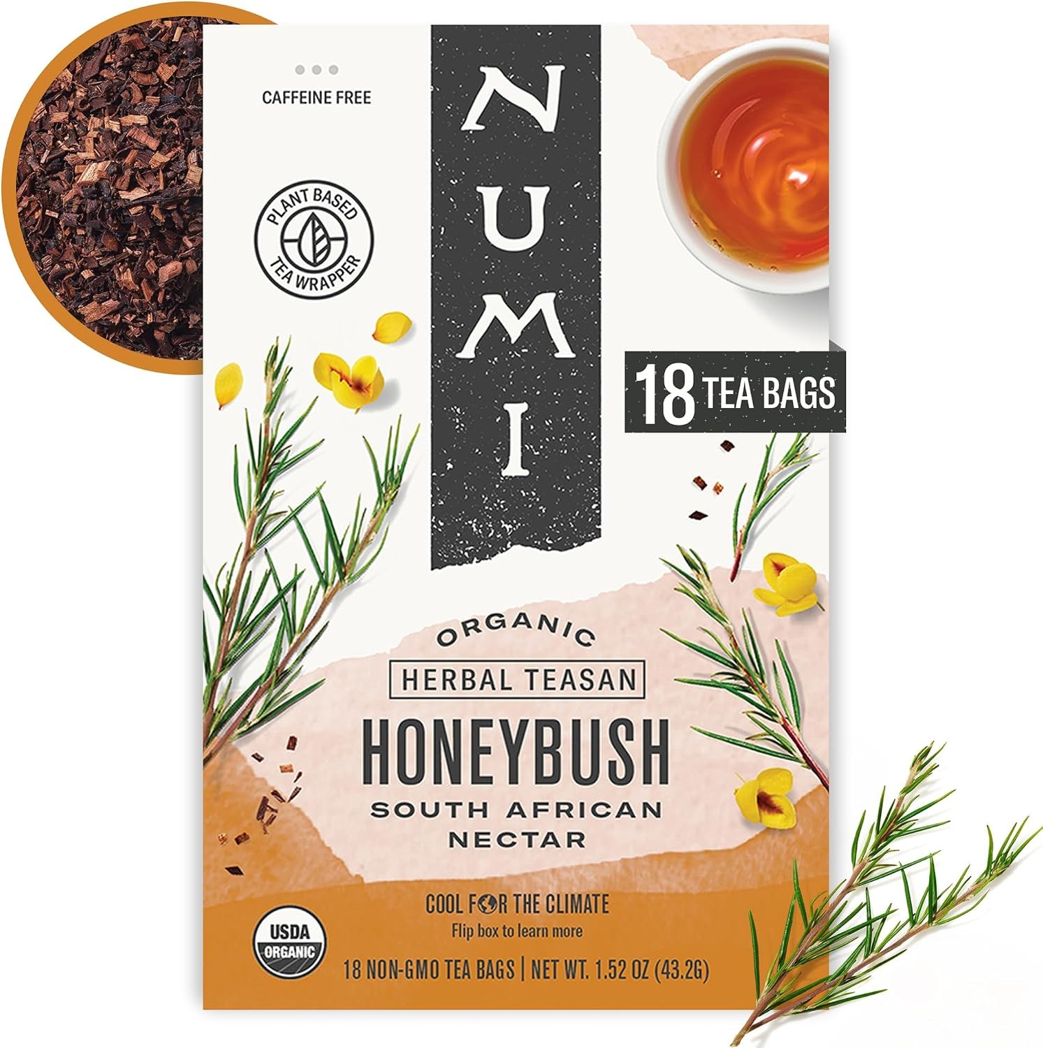 Organic Honeybush Tea, 18 Tea Bags, Sweet South African Herbal Tea, Caffeine