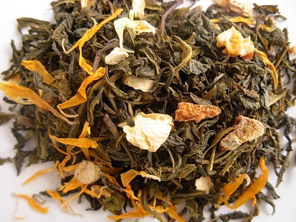 Ginger Orange Peach Organic Green Tea Choose loose leaf, tea bags or ice tea