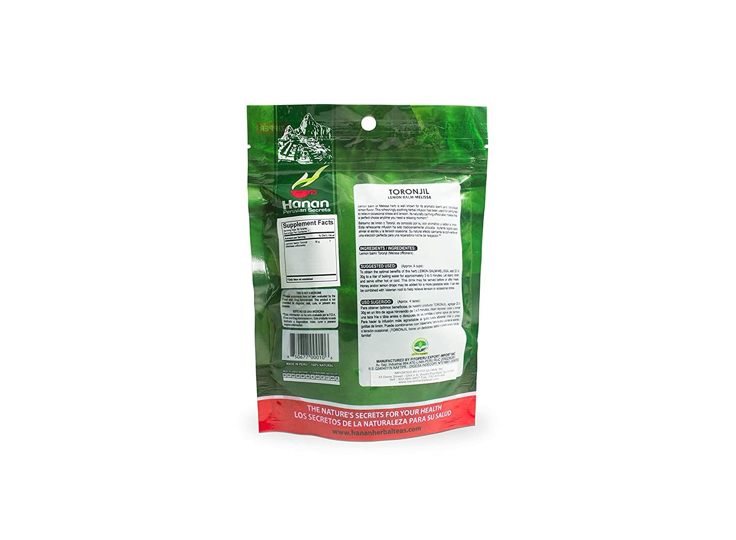 Hanan Peruvian Secrets Toronjil | 100% Natural Lemon Balm | 1.06oz / 30g |Natura