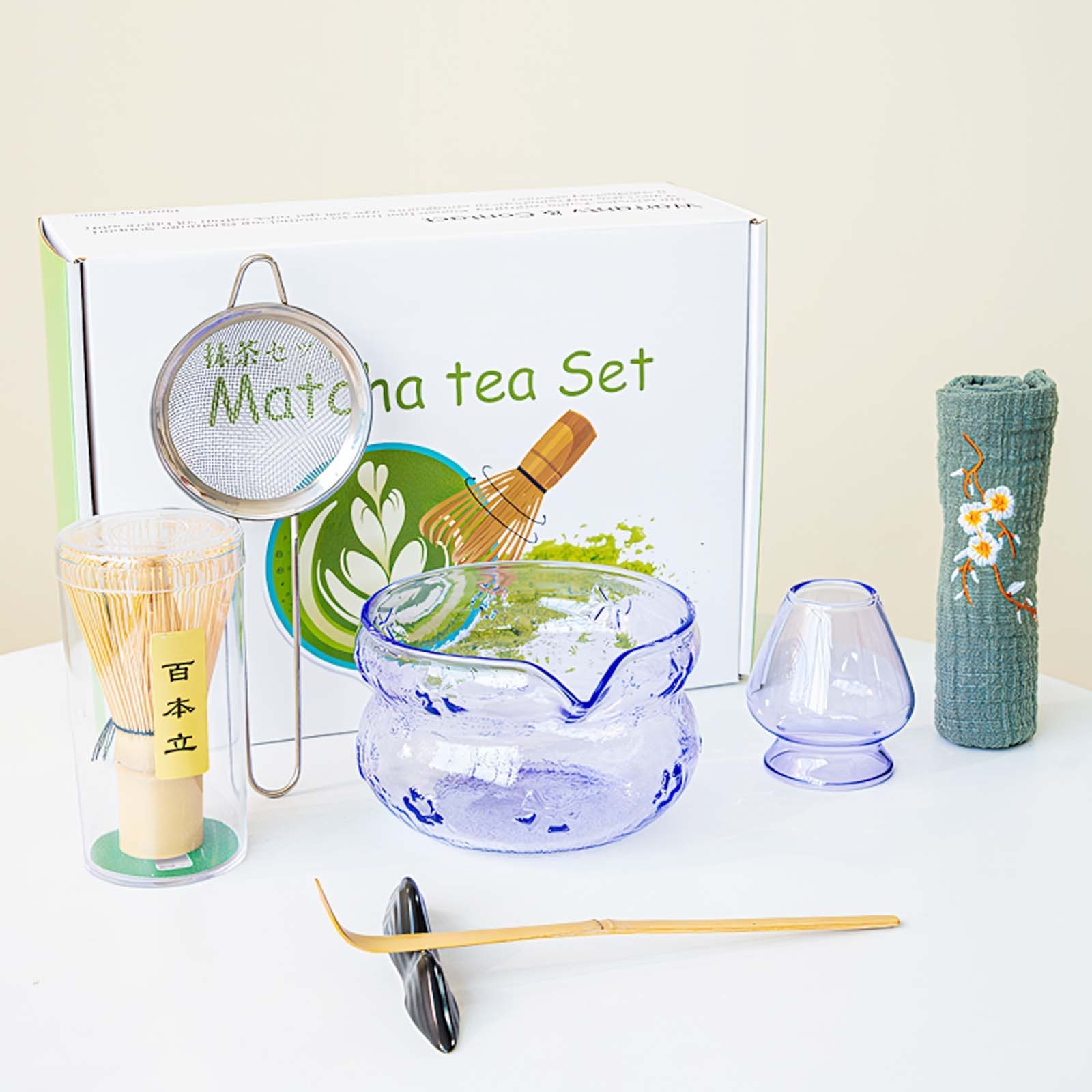 7Pcs Matcha Tea Set Japanese Matcha Tea Kit Bowl with Pouring Spout Sifter