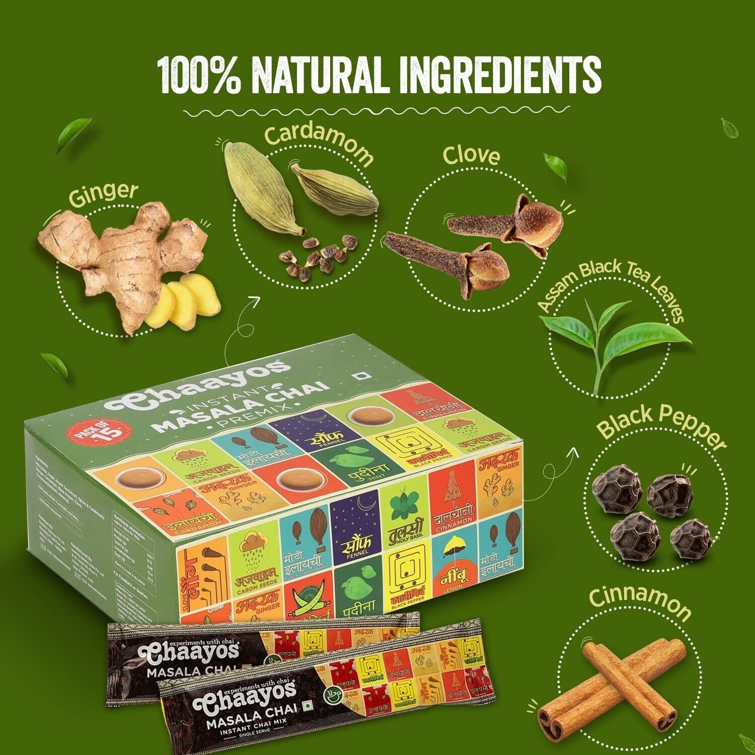 Chaayos Instant Tea Premix – Regular Sugar – Masala Flavour (15 Sachets)