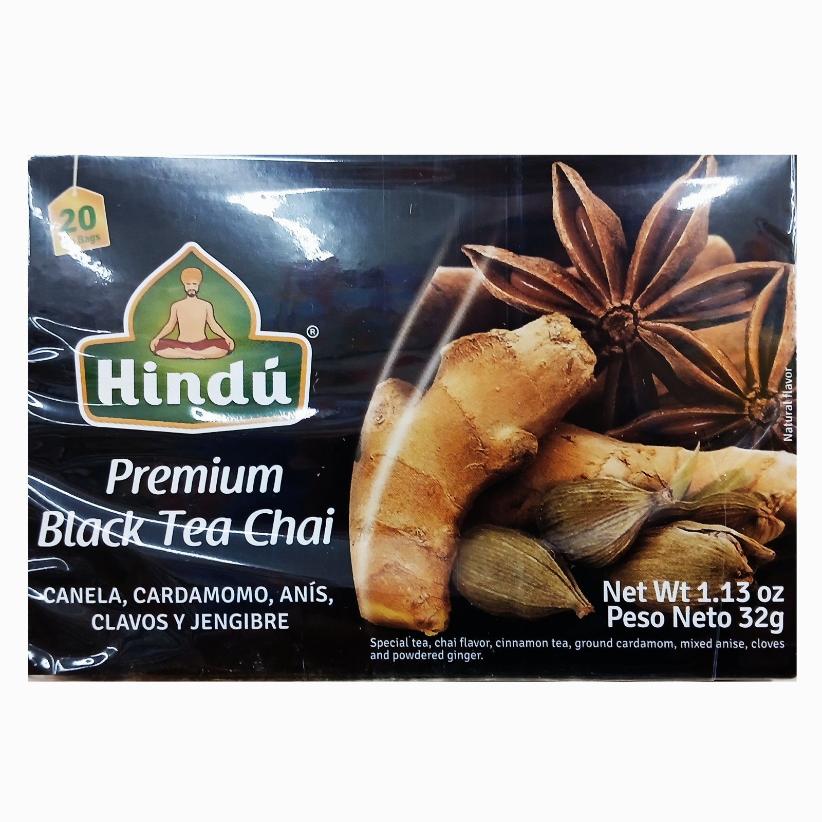 Hindu Black Tea Chai -Cinnamon-Anise-Cardamon-Clove-Ginger- 20 Bags (Pack of 2)