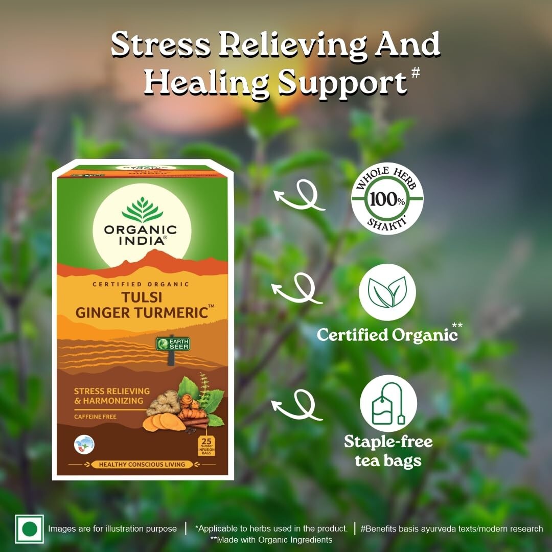 Organic India Tulsi Ginger Turmeric Green Tea For Stress & Immuntiy