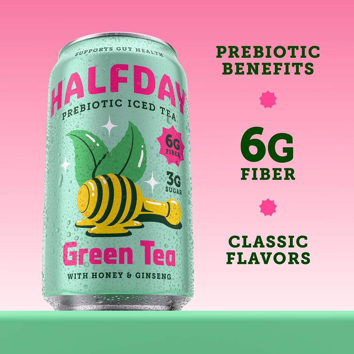 Halfday Prebiotic Green Tea, Honey Ginseng, 6G Fiber, 3G Sugar, 30 Cal, 12 Oz, 4