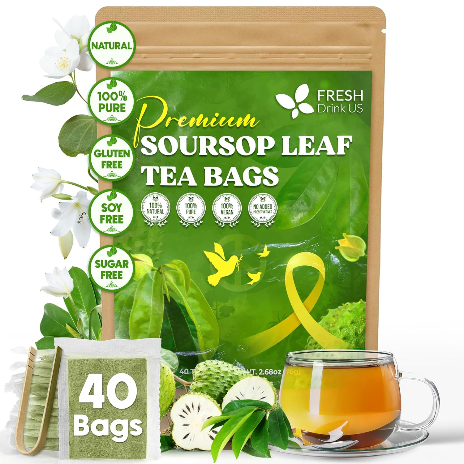 40 Premium Soursop Graviola Leaf Tea Bags, 100% Natural and Pure from Soursop Le