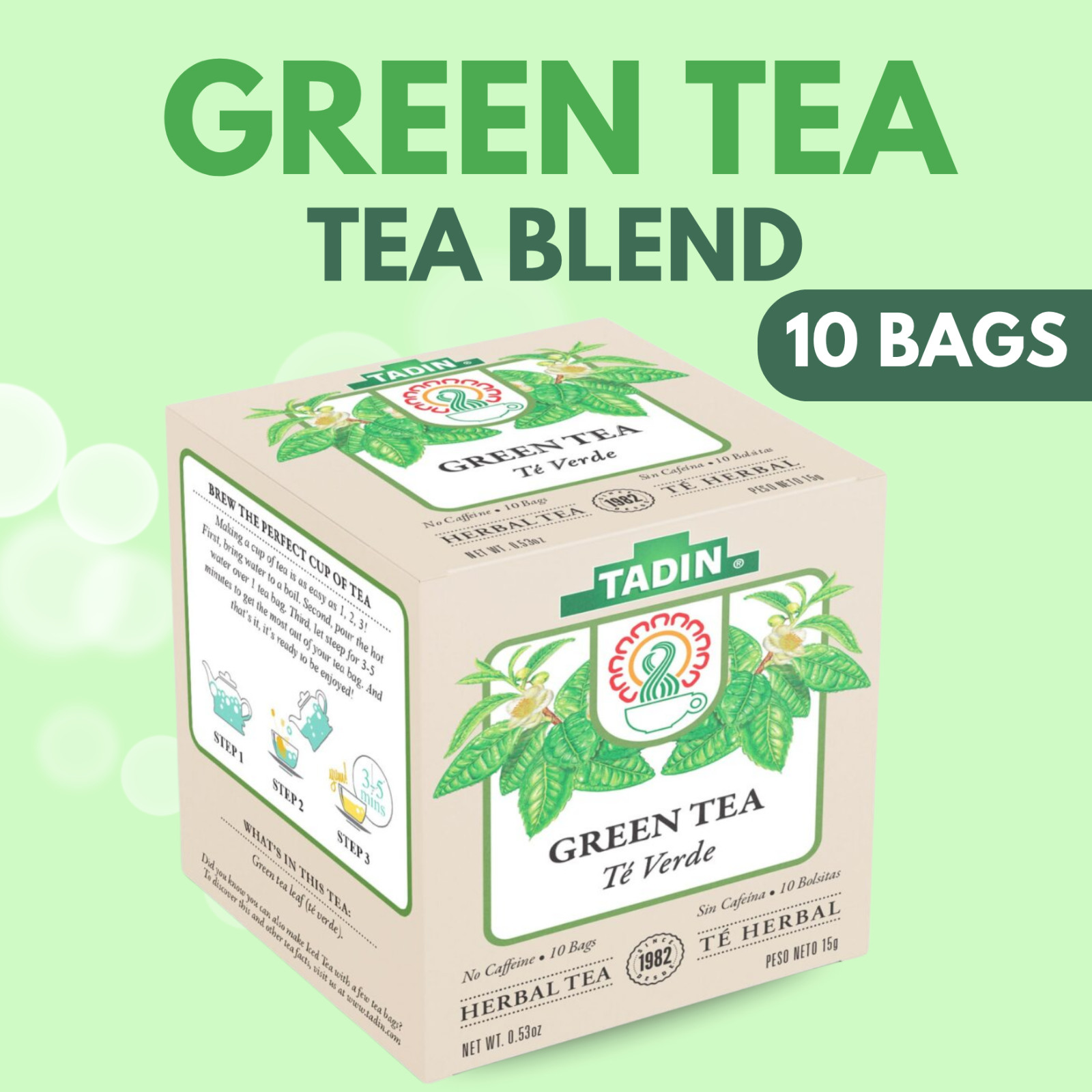 Tadin Green Tea , 10 Bags 0.53 fl oz, Refreshing & Smooth Blend (8-Pack)