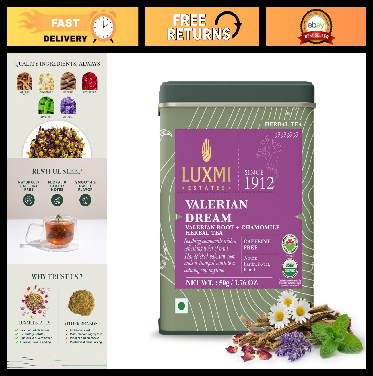 Organic Valerian Root Chamomile Lavender Loose Leaf Tea 50g – Sleep Aid, Caffein
