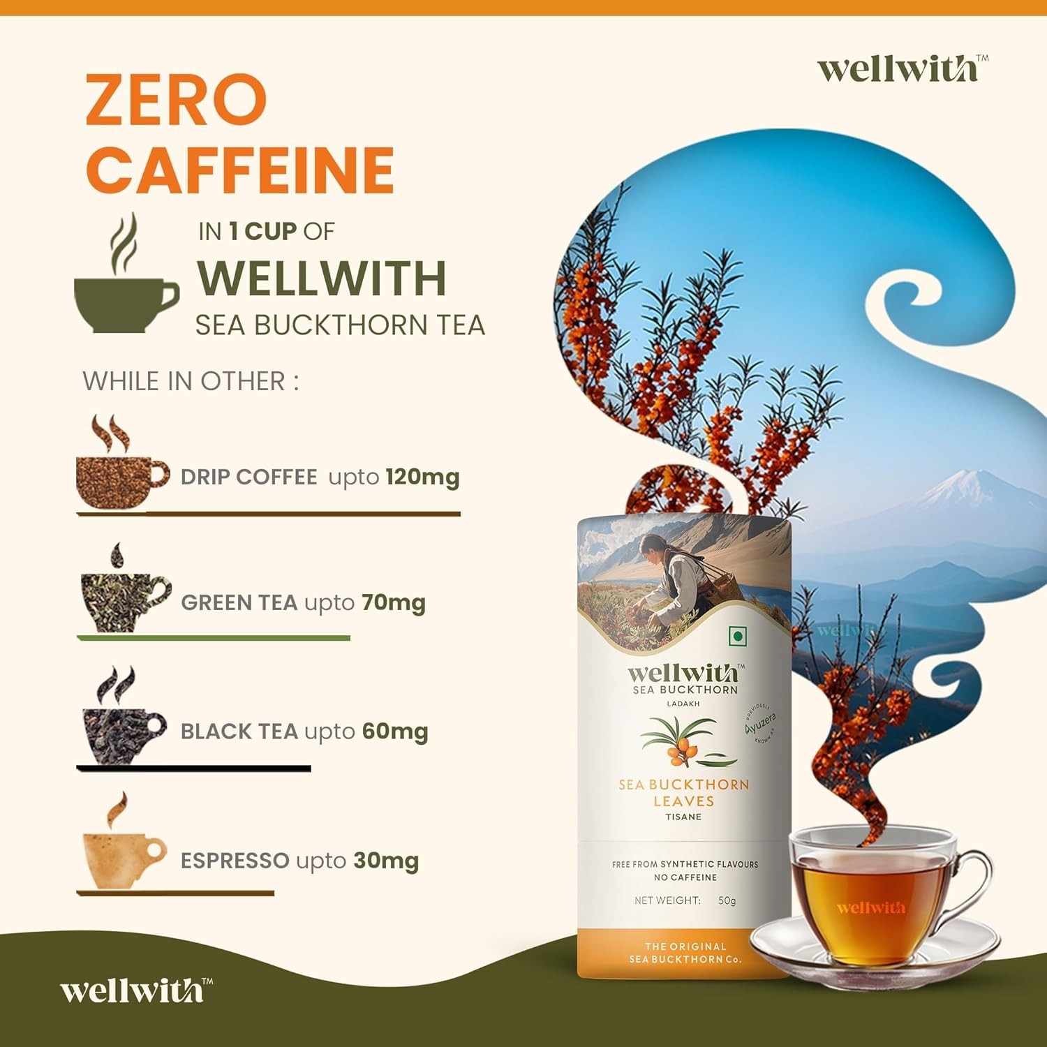 Wellwith (Ayuzera) Sea Buckthorn Raw Leaves Tea Himalayan Herbal Leaf Tea 50g
