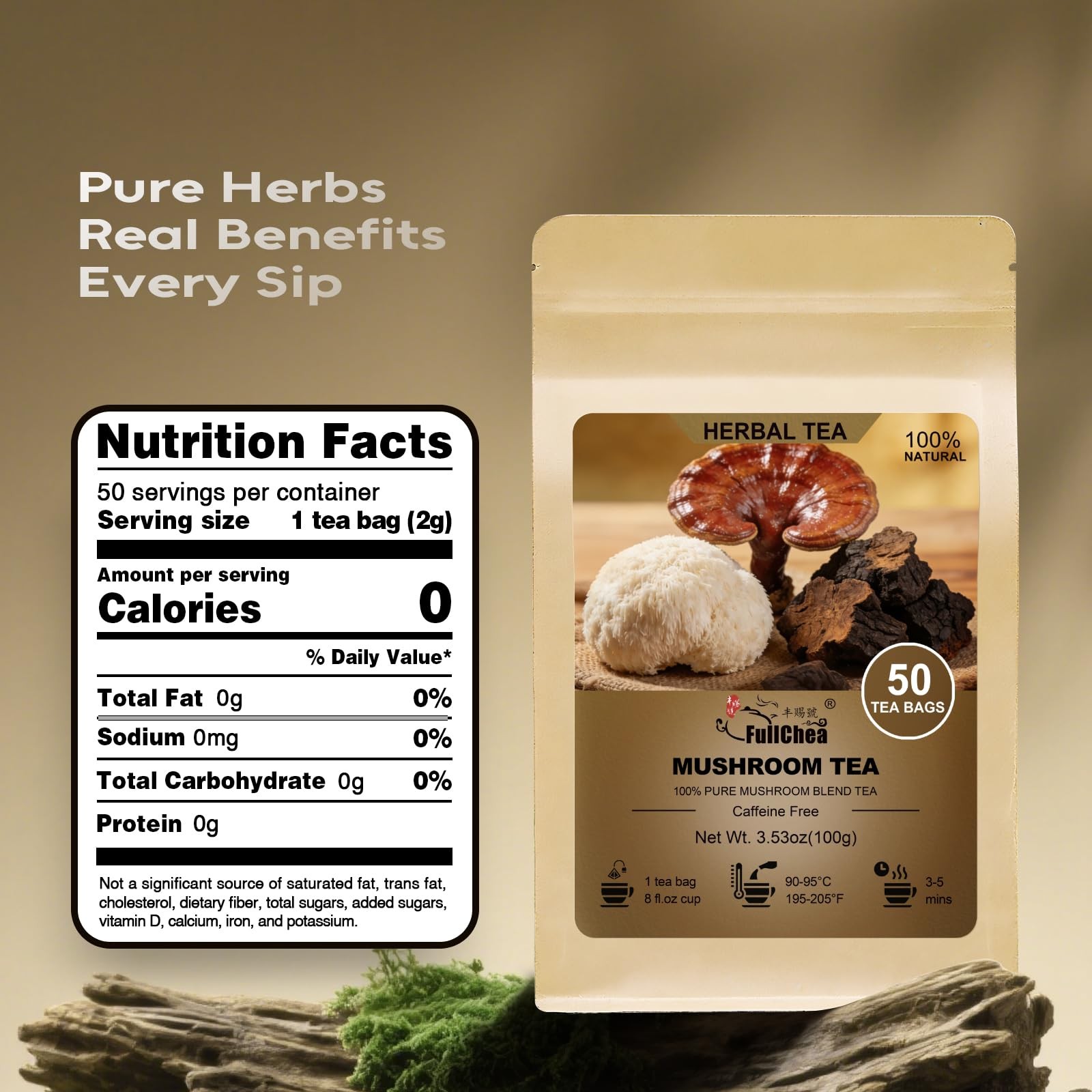Mushroom Tea, 50 Teabags Mushroom Blend Herbal Tea with Lion’s Mane, Reishi…