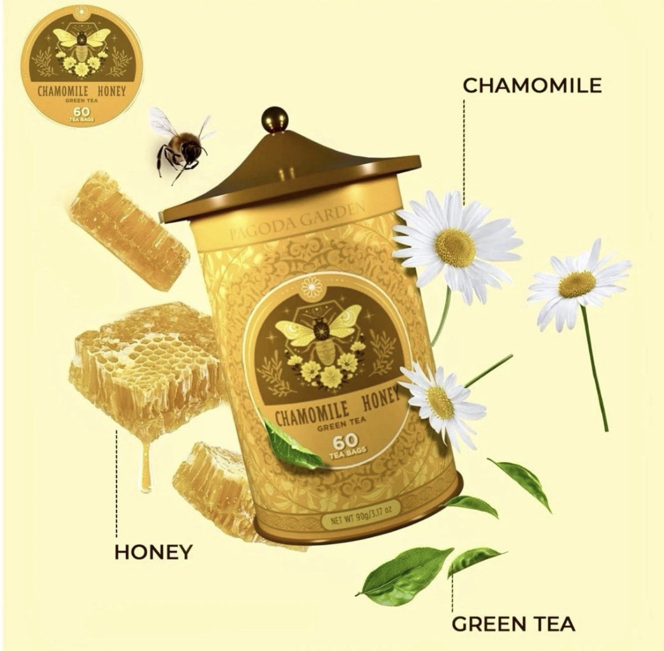 Pagoda Chamomile & Honey Herbal Green Tea Reusable Tin 60 Bags/ Exp 04/2028