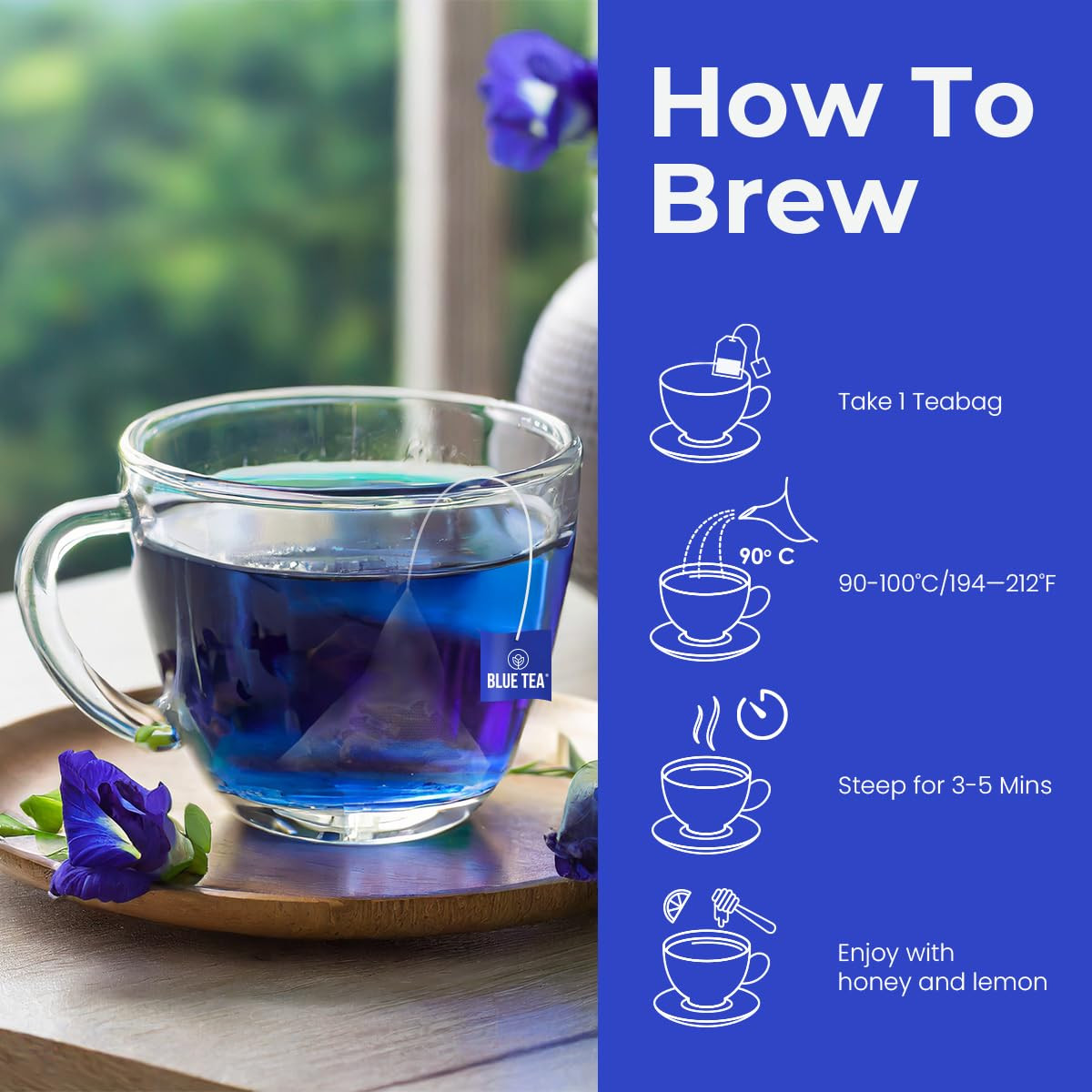BLUE TEA – Butterfly Pea Flower Tea – 15 Count – Pyramid Plant Based Tea Bag | A