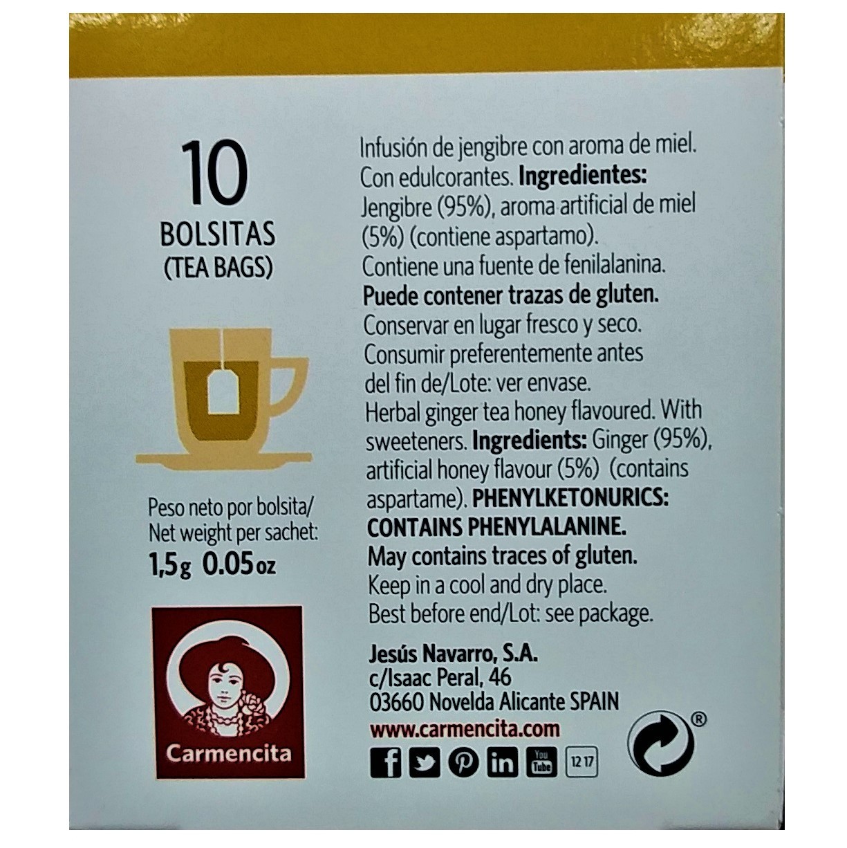 Carmencita Ginger with Honey Tea, 10 Tea Bags (Pack of 2)