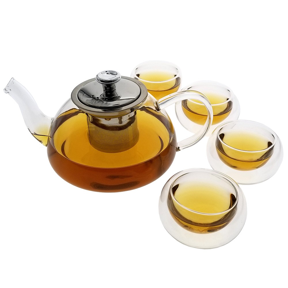 NEW! TEAOLOGY INFUSO BOROSILICATE GLASS INFUSION TEAPOT KETTLE AND 4 CUP SET