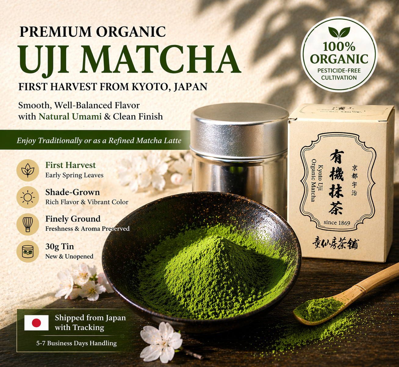 Uji Organic Matcha 30g Tin – Ceremonial Grade Kyoto Green Tea Powder Japan