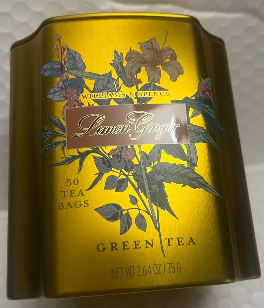 WILLIAMS & SPENCE LEMON GINGER GREEN TEA 50BAGS IN BEAUTIFUL FLORAL TIN