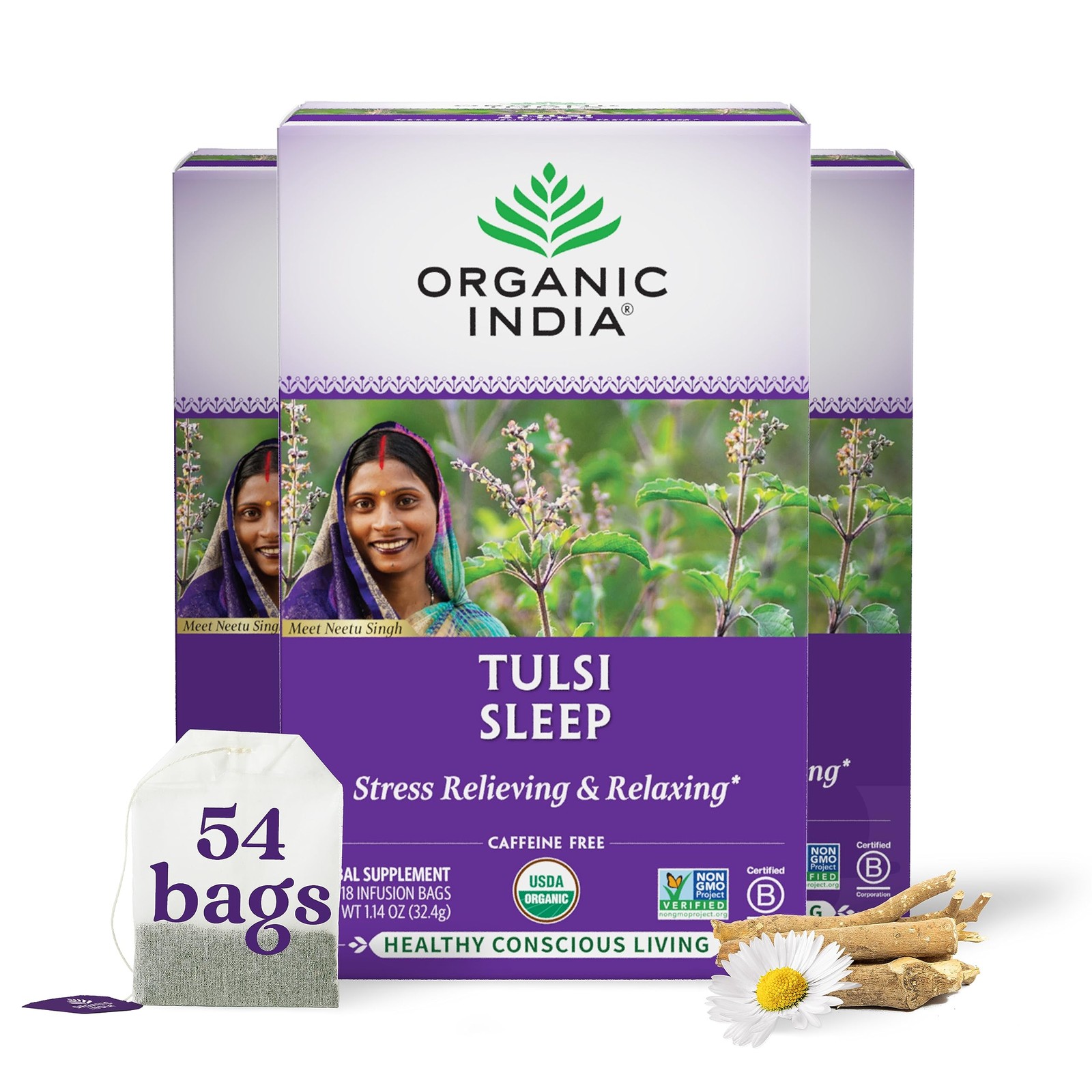 Organic India Tulsi Sleep Tea 18 Bags 3 Pack Ashwagandha Chamomile
