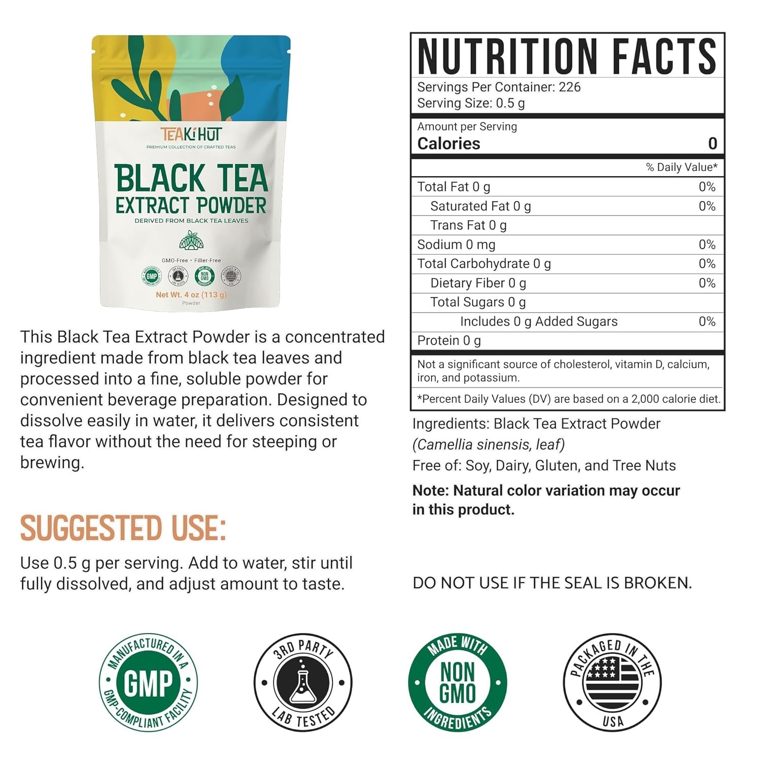 Instant Black Tea Extract Powder, Zero Additives, Non-GMO, 113g