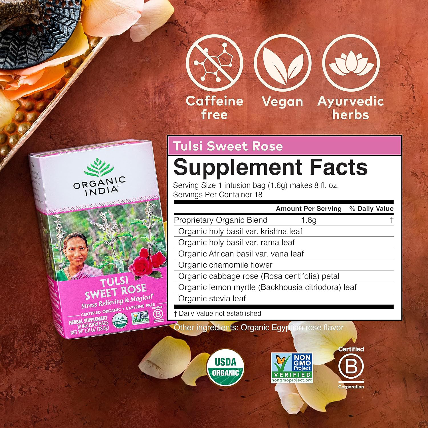 Organic India, Tulsi Sweet Rose Herbal Tea, 18 Infusion Bags
