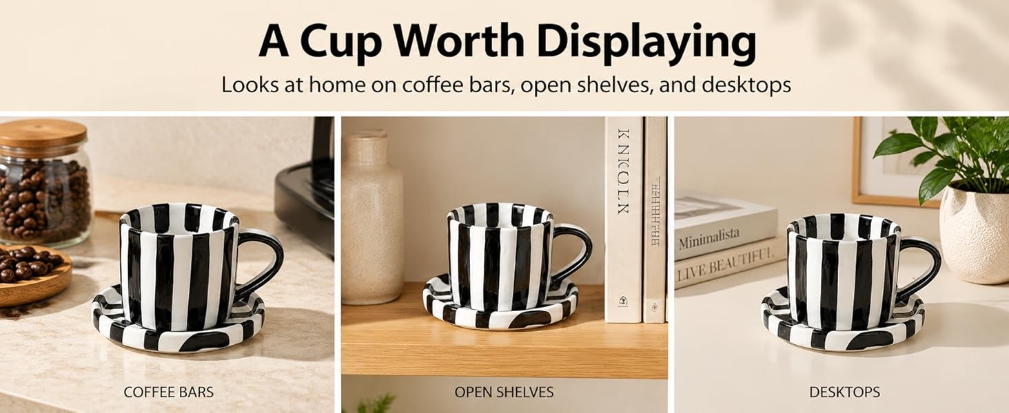 Black and White Striped Tea Cup and Saucer Set of 2, 8 oz Ceramic Coffee Mugs