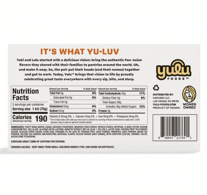 Yulu Foods Instant Boba Passion Fruit, Bubble Tea Kit, 3 Drinks