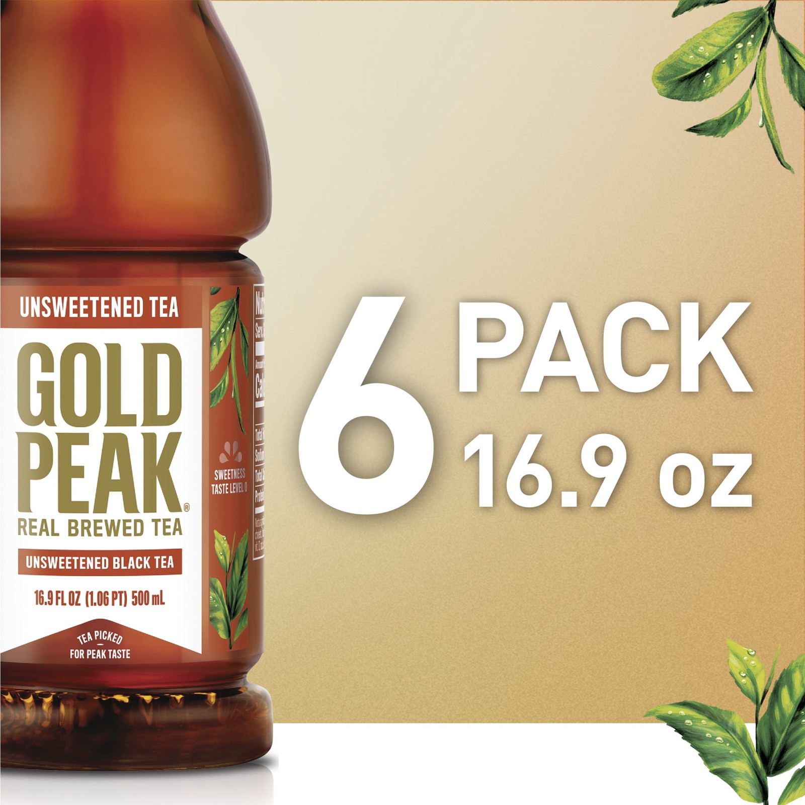 Gold Peak Iced Tea, Unsweetened Tea, 16.9 fl oz Bottles, 6 Pack