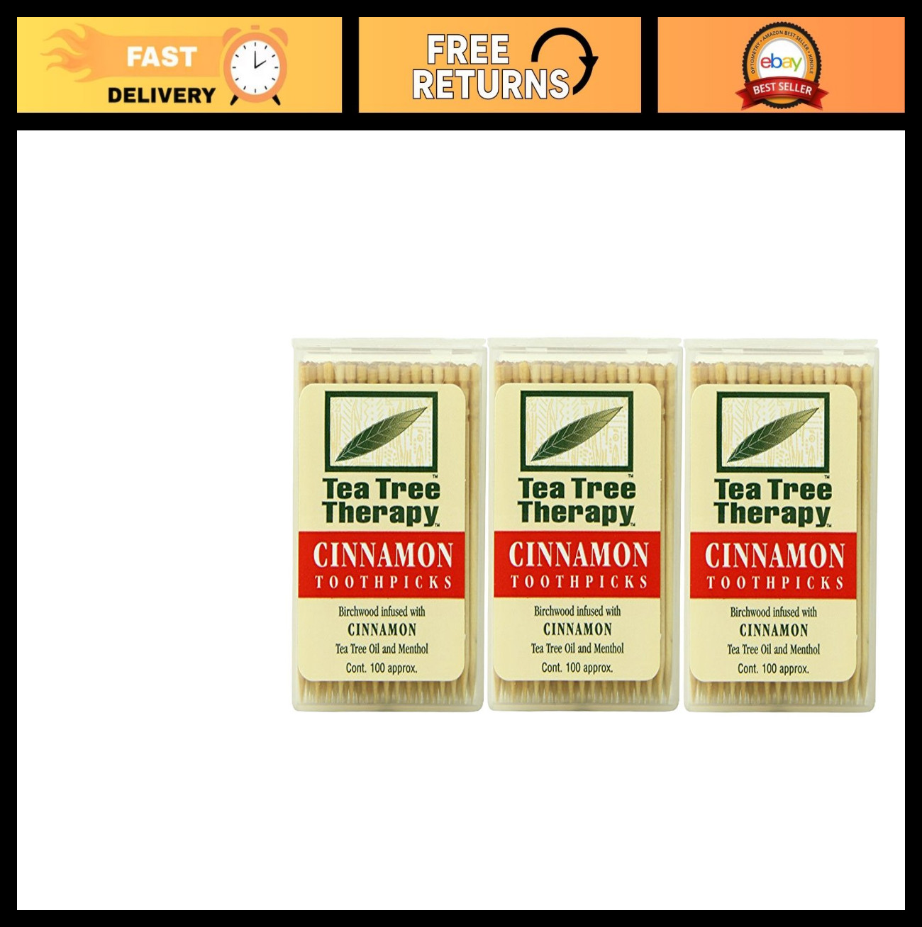 Cinnamon Tea Tree Toothpicks – 100 Count, 3-Pack, Natural Oral Care, Fresh Breat