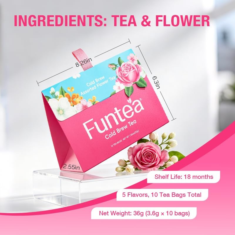 FUNTEA Cold Brew Flower Tea Caffeine Free Herbal Tea Bags 10 Count