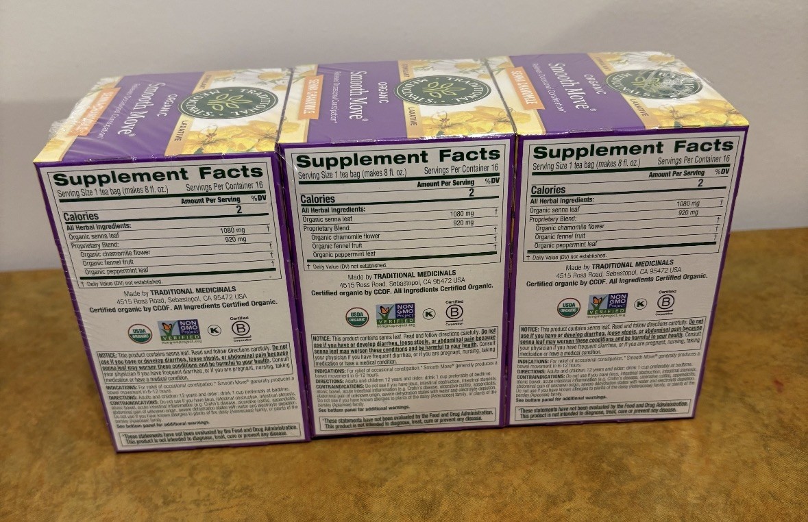 Traditional Medicinals, Organic Smooth Move, Laxative Tea Bags, 16 Ct Pack of 3