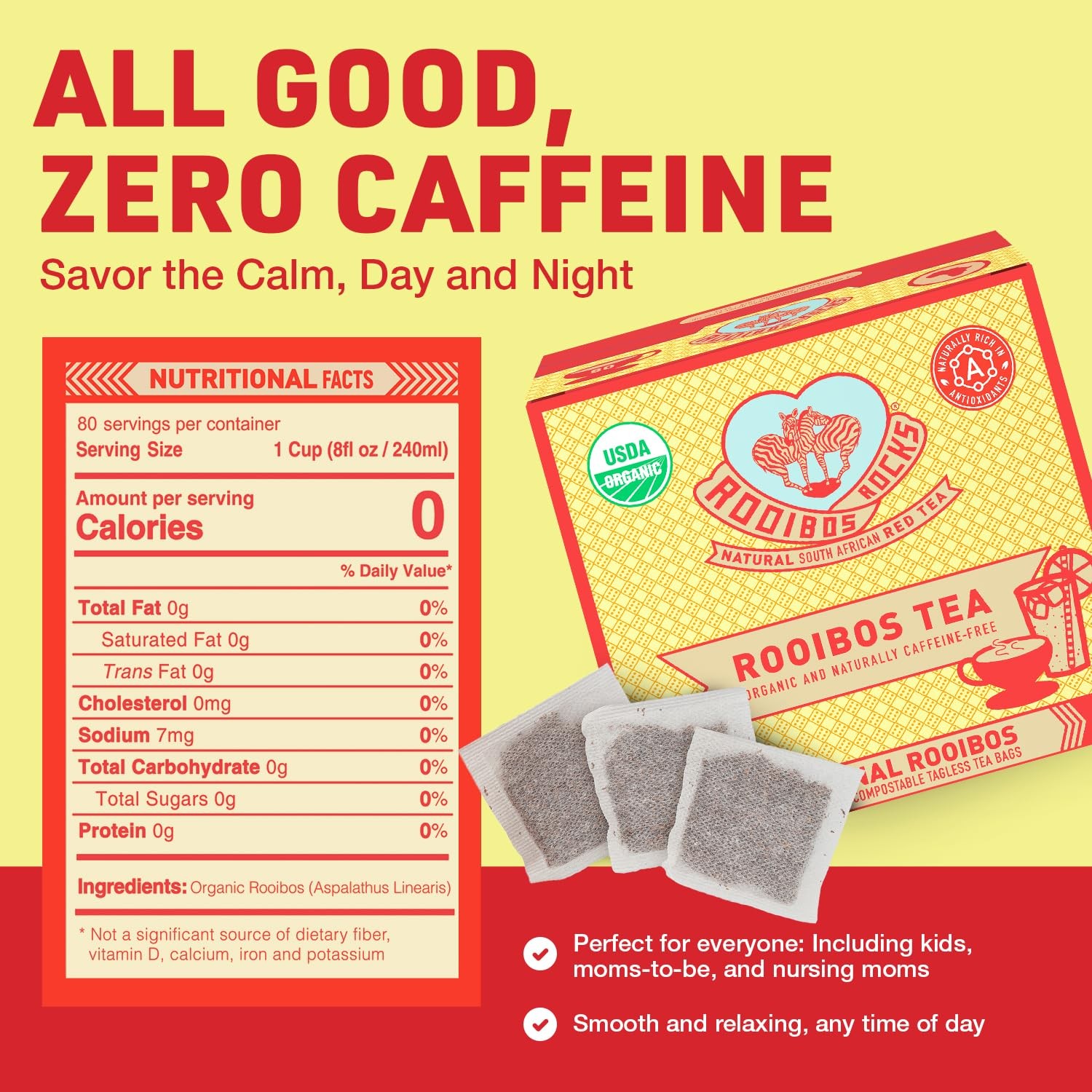Caffeine Free Organic Rooibos Tea Bags 80 Naturally Sweet Herbal Low Tannin