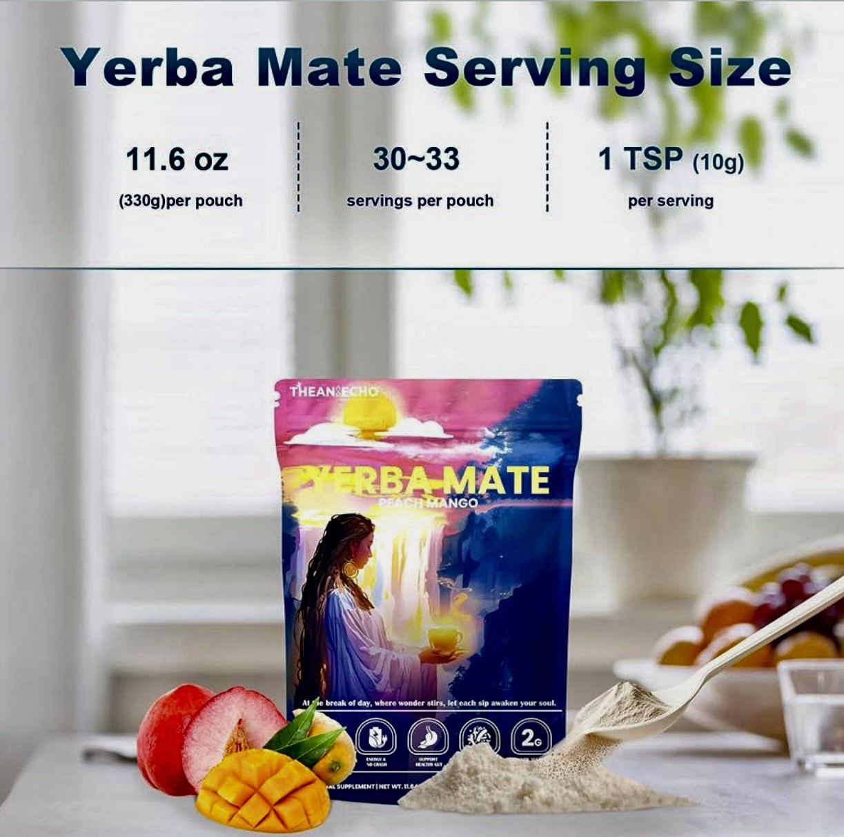 4x THEAN ECHO Yerba Magic Peach Mango 11.64oz 30 Serv Instant Tea, BB: 05/2027
