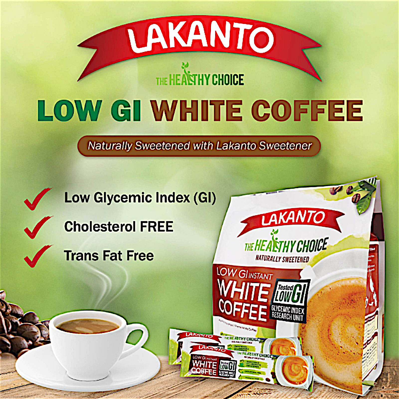 LAKANTO Low GI 3-in-1 Instant White Coffee No Sugar Added Low Calorie – 3 Packs
