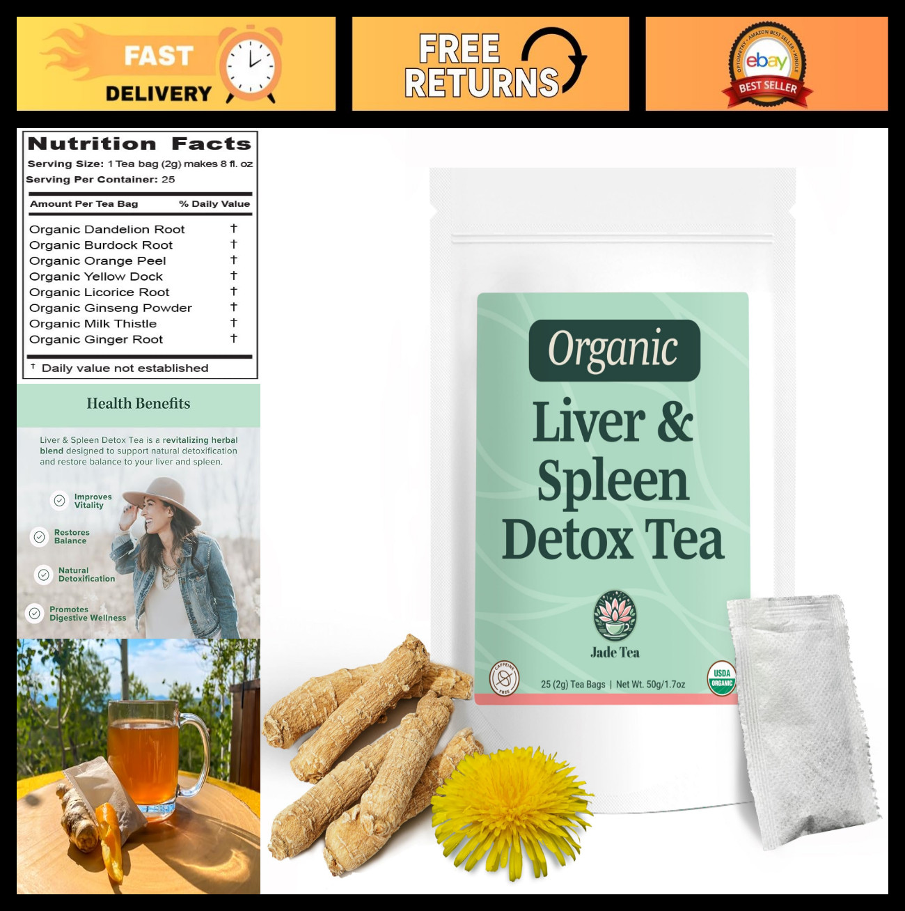 Organic Liver & Spleen Detox Tea – Dandelion, Burdock, Ginger, Orange Peel – Sup