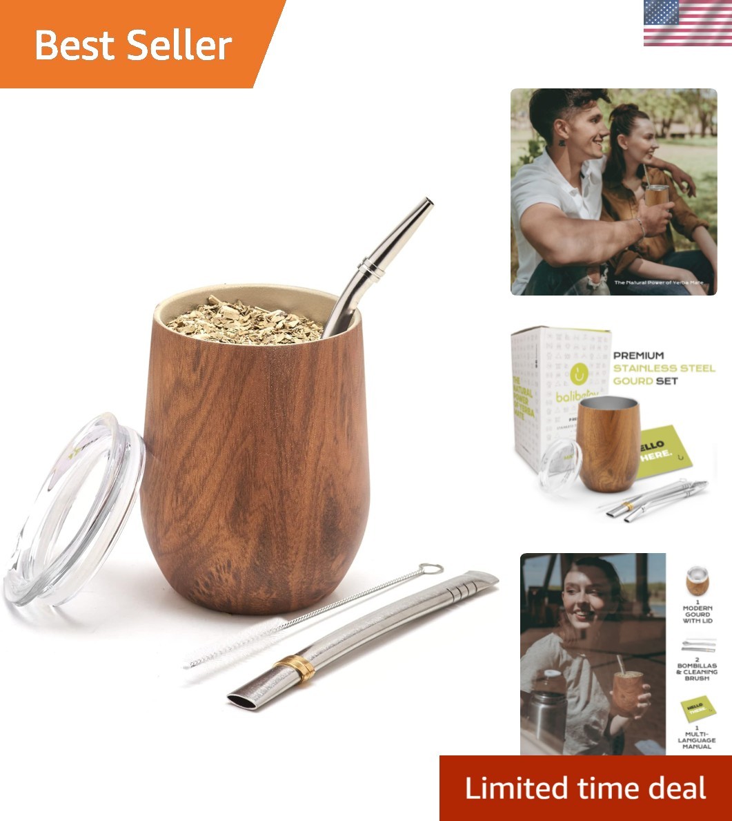 5 pcs large Yerba Mate Cup and Bombilla Kit, Includes one 8 oz Yerba Mate Gou…