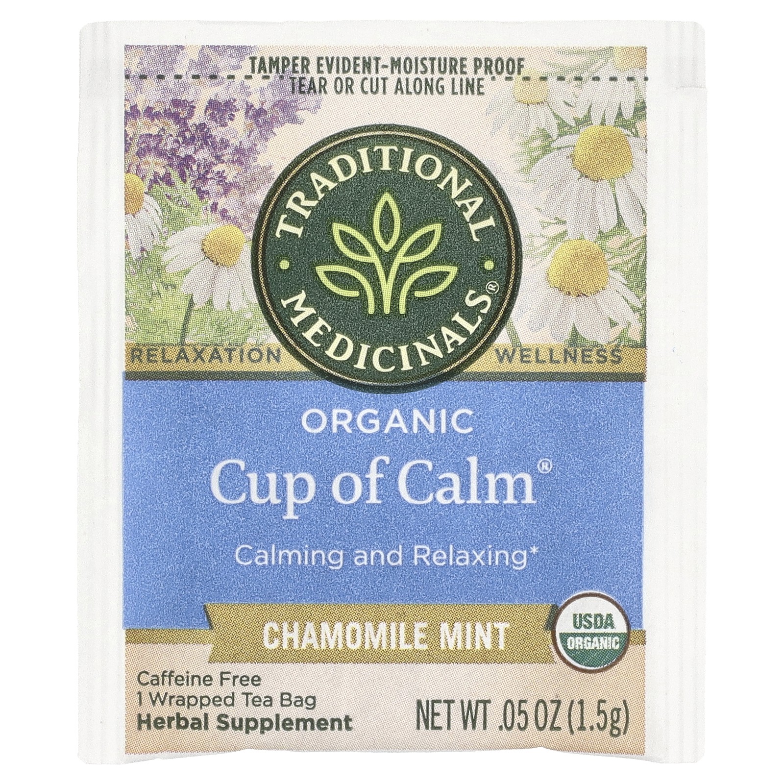 Organic Cup of Calm, Chamomile Mint, Caffeine Free, 16 Wrapped Tea Bags, 0.85 oz