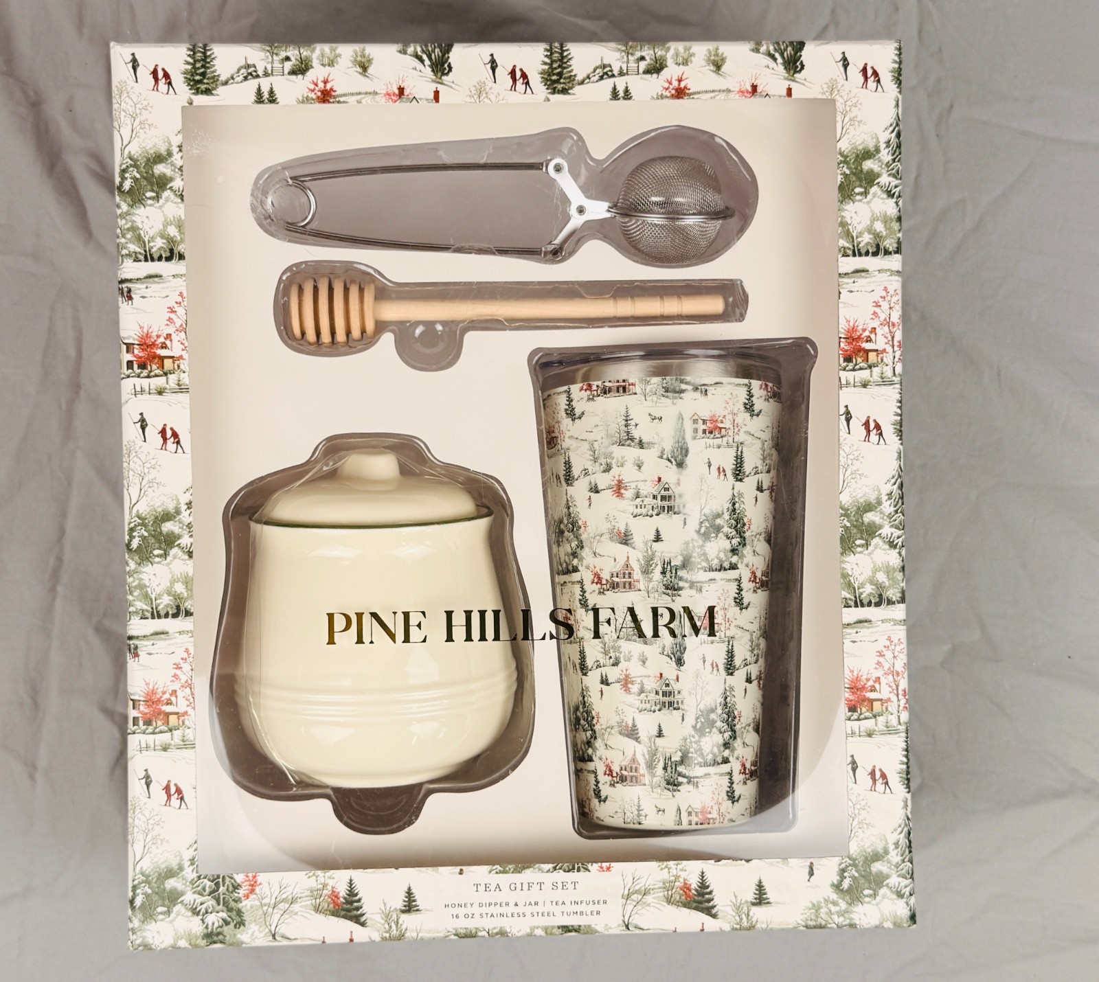 Pine Hills Farm Tea Gift Set w/Infuser, Honey Dipper & Jar, & 16oz Tumbler – NEW