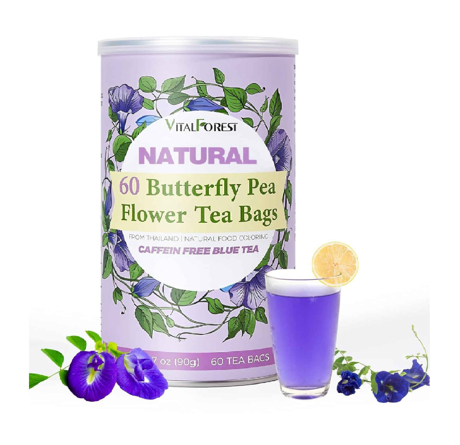 60 Dried Butterfly Pea Flower Tea Bags, VitalForest Butterfly Blue Pea Flower Te