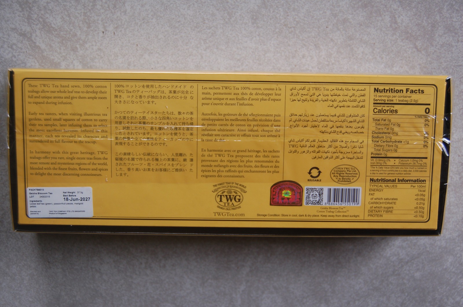 TWG Geisha Blossom Tea, 15 teabags, 37.5 g (1.3 oz), NEW, SEALED, Exp: June/2027