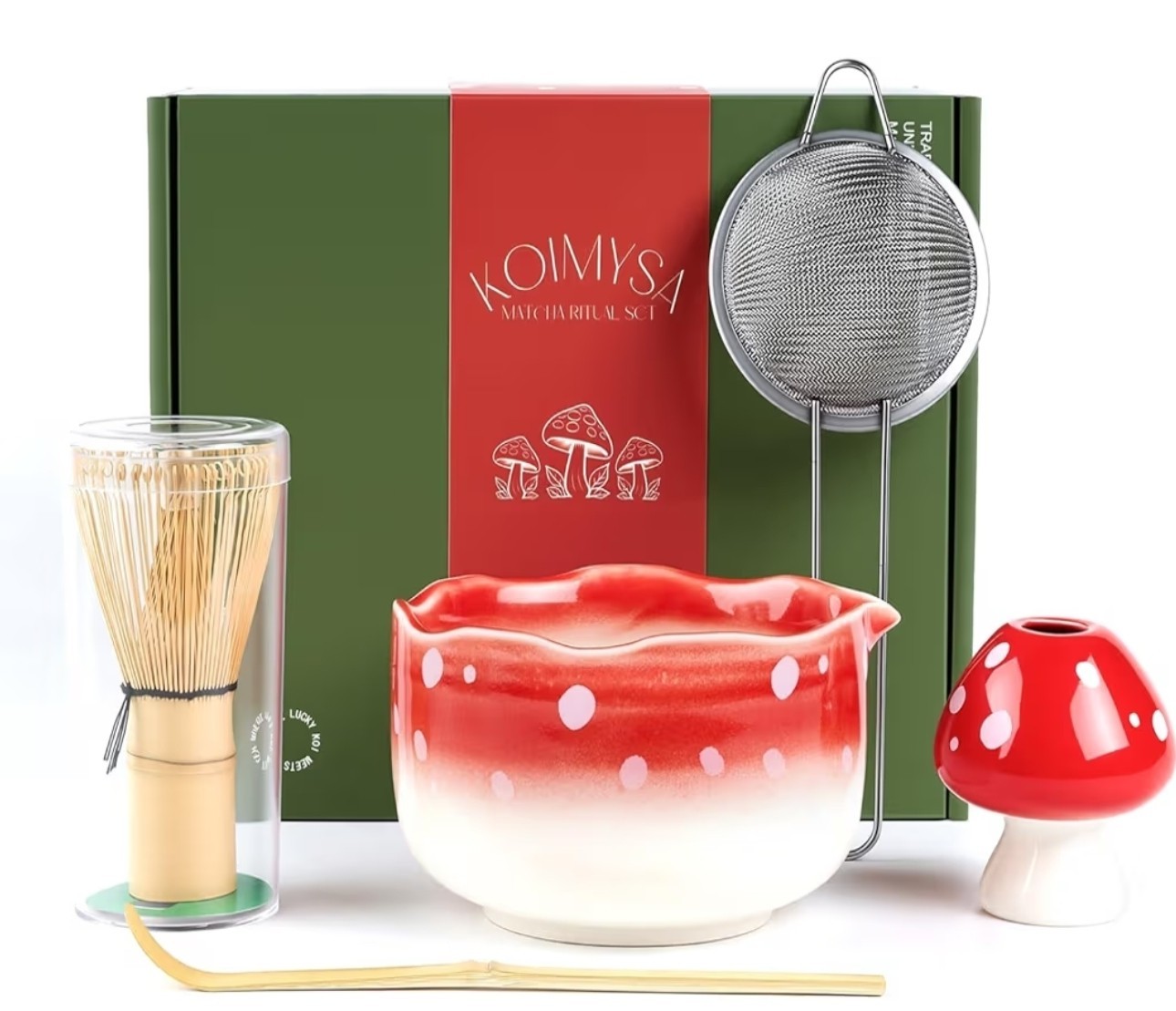 Cute Matcha Set With Mushroom Design Bowl And Whisk Holder, Unique Japanese