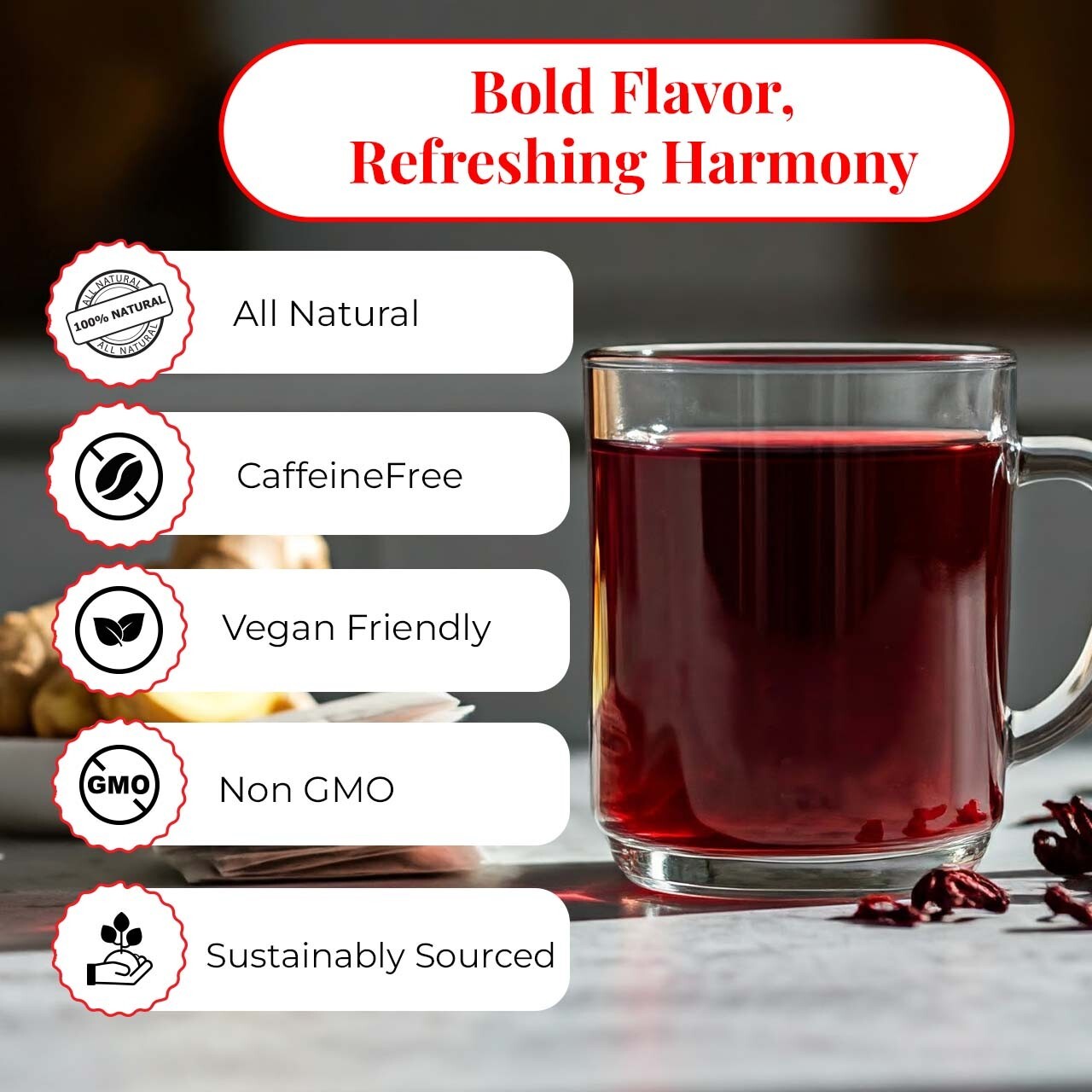 75 Hibiscus Tea Bags, Hibiscus Ginger Tea Blend, Herbal Tea, Weight Loss Tea