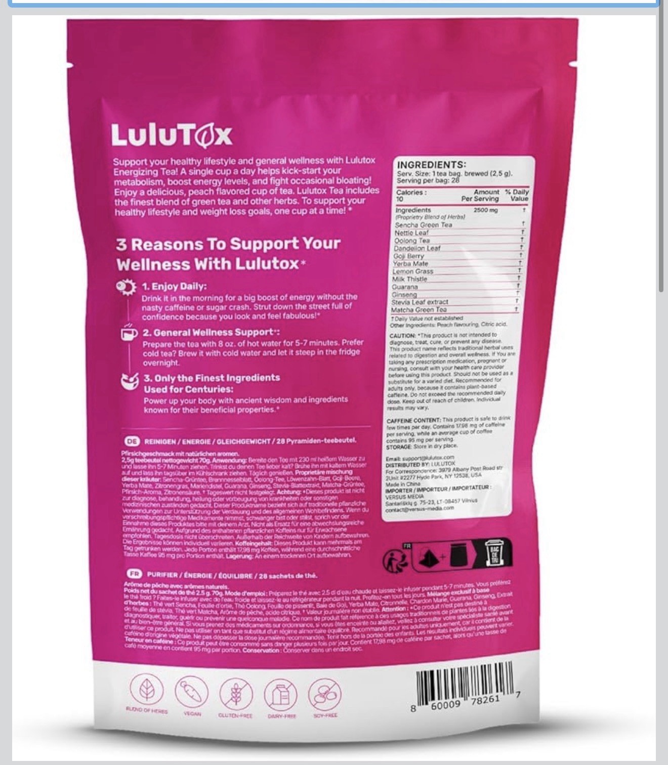 LuluTox Detox Energizing Tea Peach Flavor Bagged Herbal Supplement 28 Bags